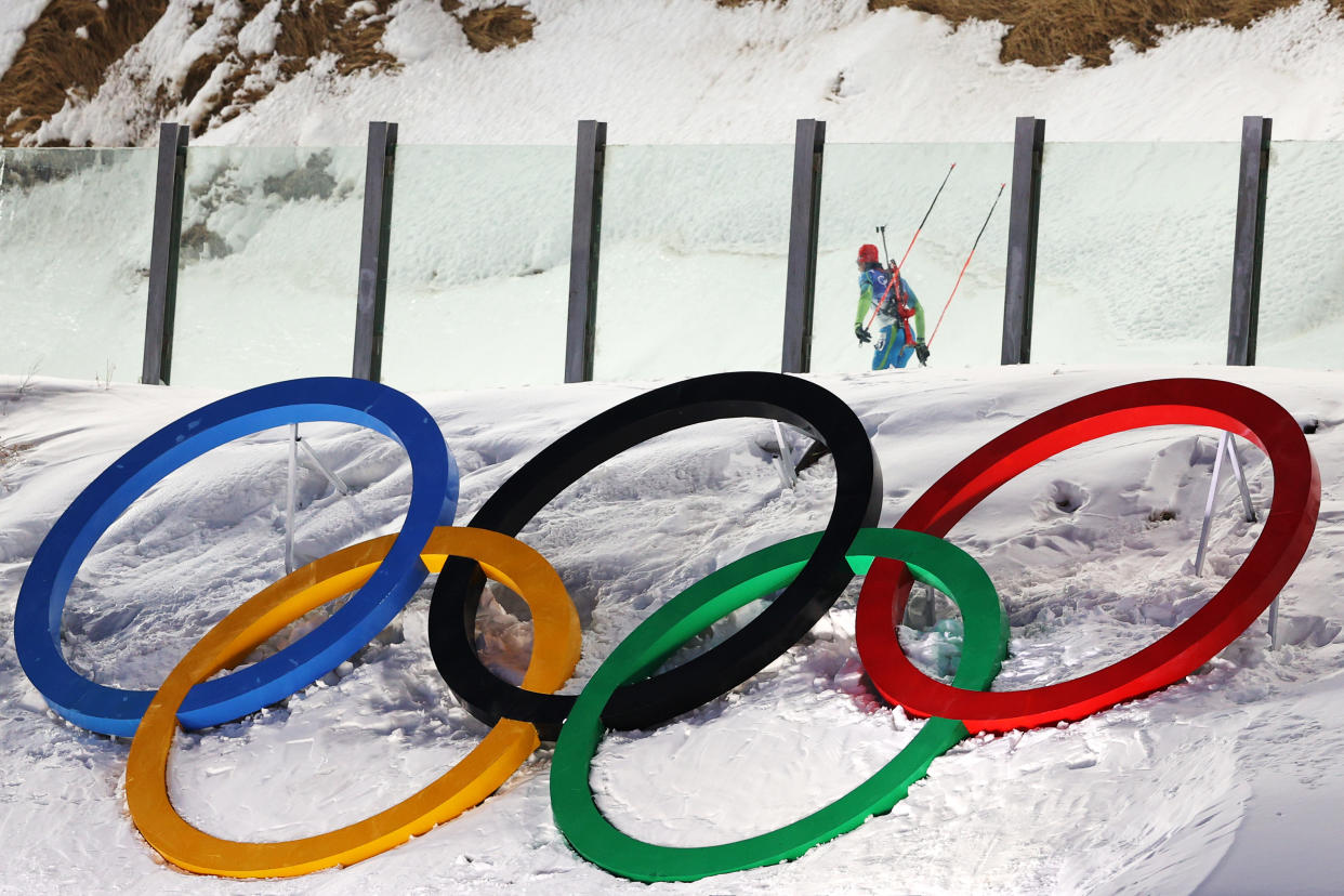 ZHANGJIAKOU, CHINA - FEBRUARY 08: A detailed view of the Olympics Rings at the venue as athletes ski during Men's Biathlon 20km Individual at National Biathlon Centre on February 08, 2022 in Zhangjiakou, China.  (Photo by Patrick Smith/Getty Images)