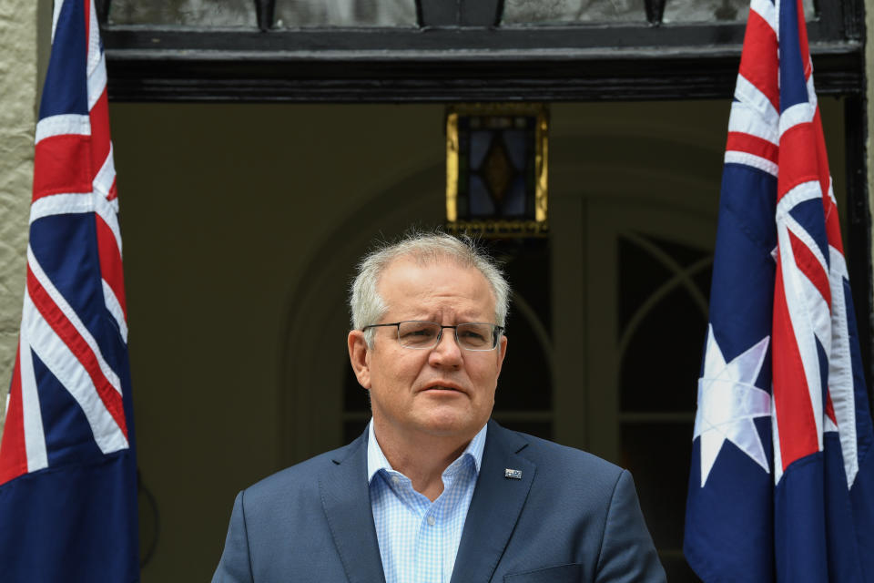 SYDNEY, AUSTRALIA - NOVEMBER 08: Australian Prime Minister Scott Morrison talks to media outside his Sydney residence, Kirribilli House on November 08, 2020 in Sydney, Australia.