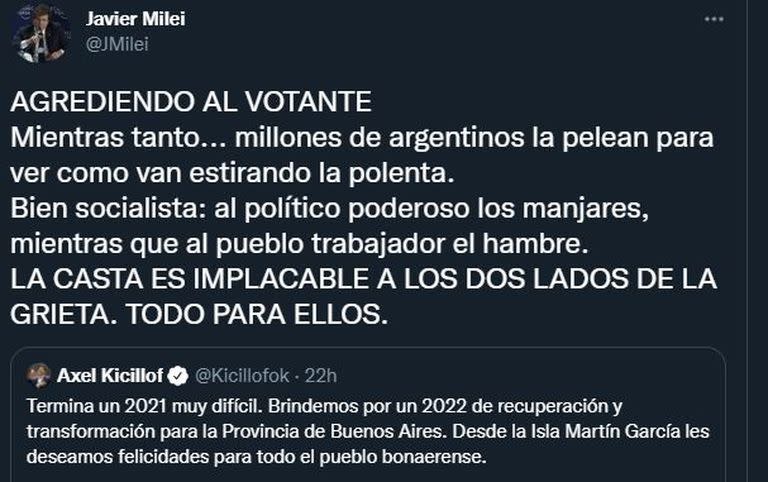 La respuesta de Milei a la publicación de Kicillof.