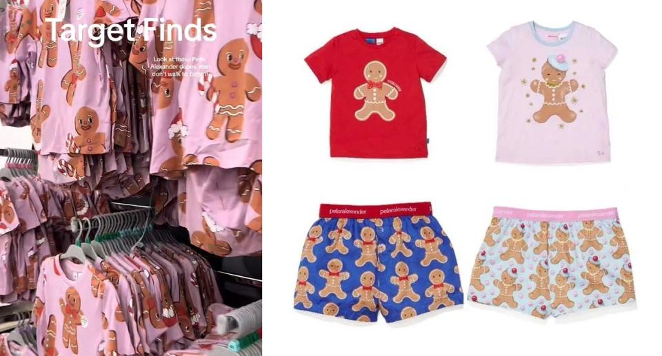 Target's kids' gingerbread PJ sets are $14, adult sets are $25, while the Peter Alexander equivalent can cost up to $129.00 per set. Photo: TikTok/@breezydays__