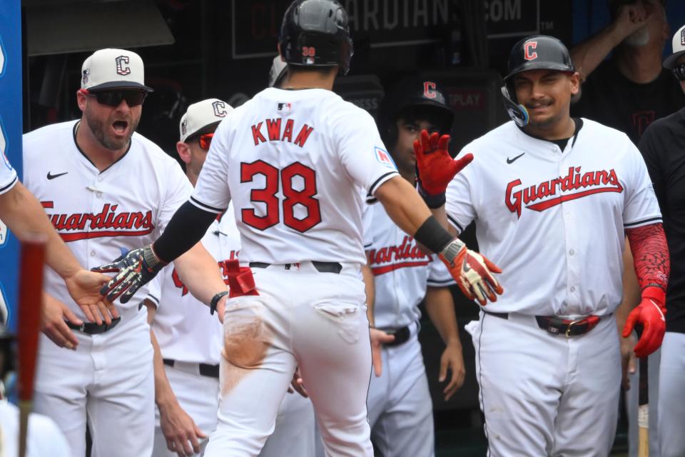 Jul 4, 2024; Cleveland, Ohio, USA; Cleveland Guardians left fielder Steven Kwan (38) celebrates his solo home run with manager Stephen Vogt (12) and first baseman Josh Naylor (22) in the third inning against the Chicago White Sox at Progressive Field. Mandatory Credit: David Richard-USA TODAY Sports