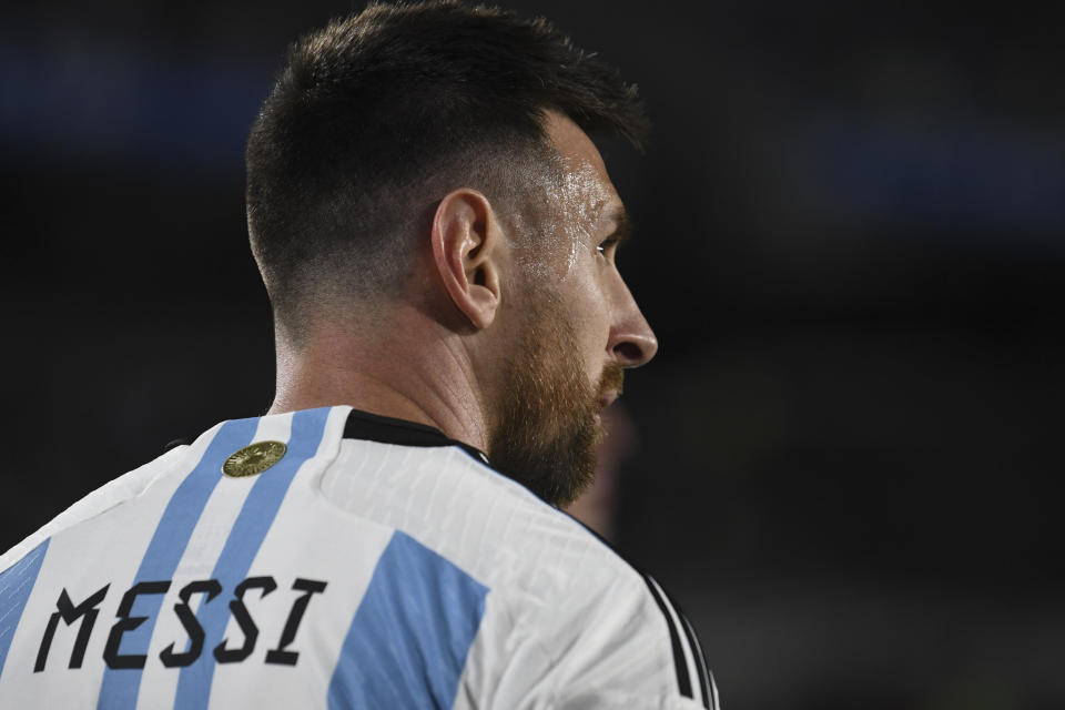 Argentina's Lionel Messi prepares to take a corner kick during a qualifying soccer match for the FIFA World Cup 2026 against Paraguay at the Monumental stadium in Buenos Aires, Argentina, Thursday, Oct. 12, 2023. (AP Photo/Gustavo Garello)