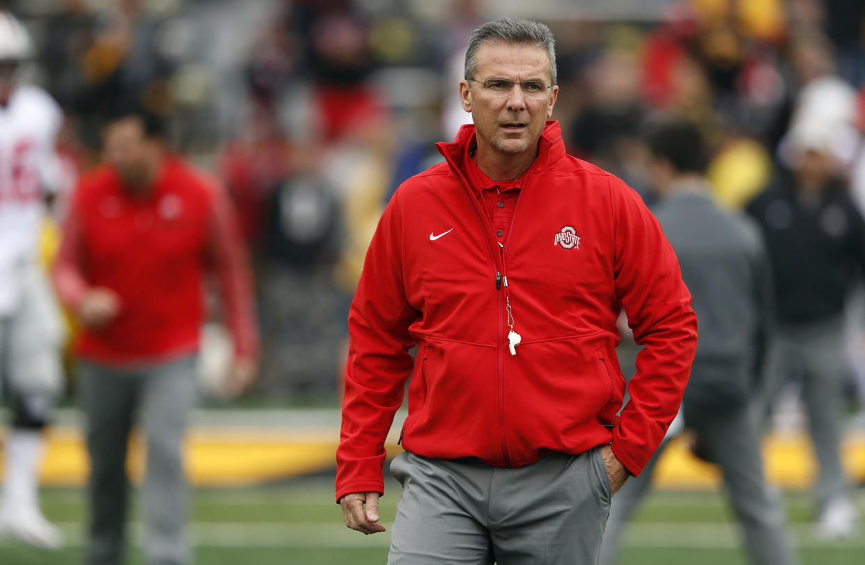 Urban Meyer, now a coach at Ohio State, recently returned from a three-game suspension. Meyer had warned NFL teams against drafting his former player Aaron Hernandez whom he coached at Florida. (AP) 