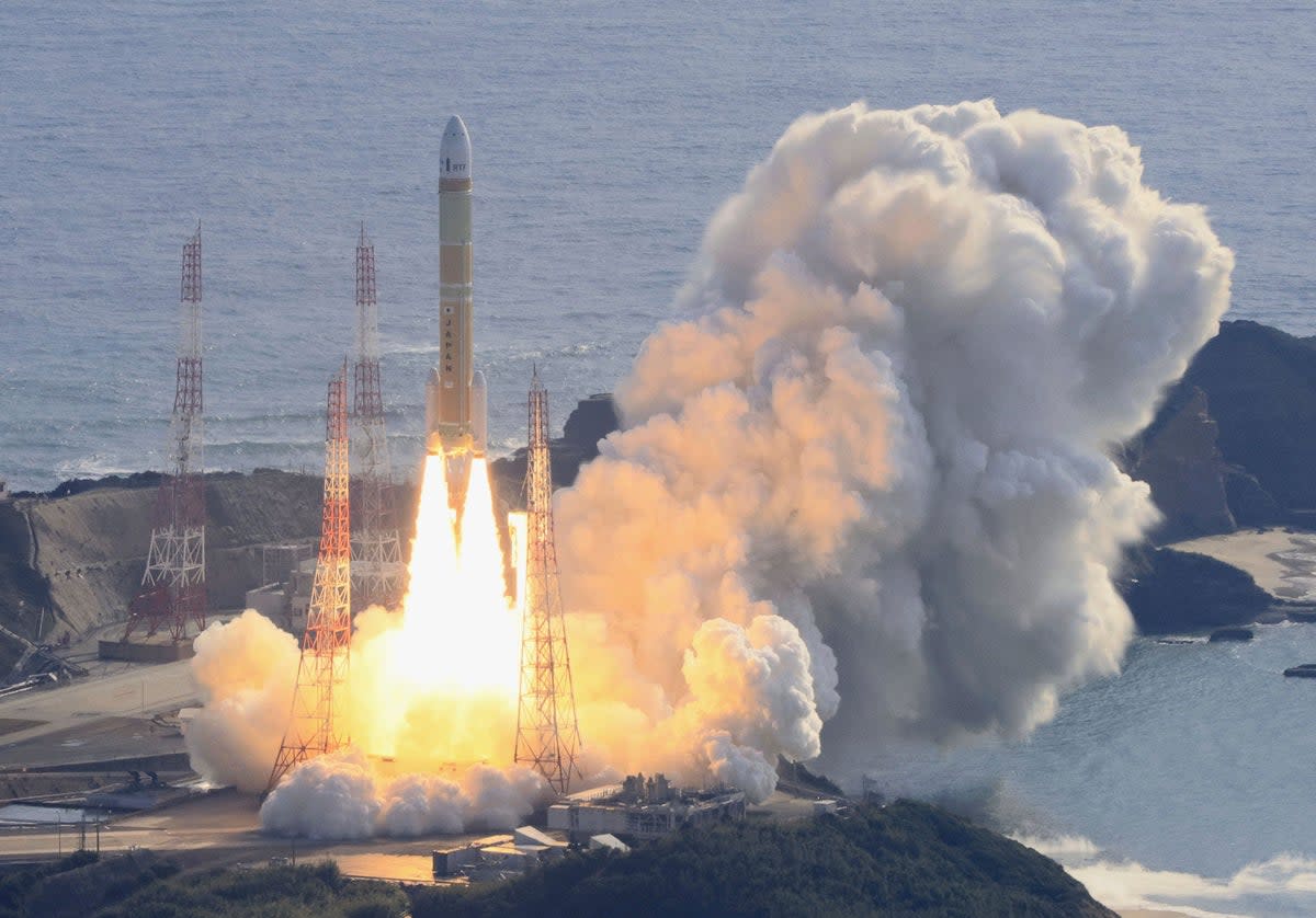 An H3 rocket lifts off at Tanegashima Space Center in Kagoshima, southern Japan on Saturday  (Kyodo News via AP)