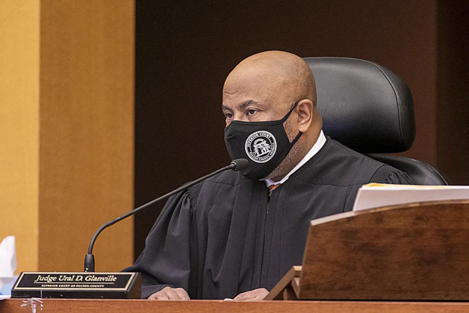 FILE - Fulton County, Ga., Superior Court Judge Ural Glanville sits at the bench inside Fulton County Courthouse in downtown Atlanta, Aug. 30, 2021. On Monday, July 15, 2024, Glanville, the judge who has been overseeing the long-running racketeering and gang prosecution against Young Thug and others in Atlanta, was removed from the case after two defendants filed motions seeking his recusal citing a meeting the judge held with prosecutors and a state witness. (Alyssa Pointer/Atlanta Journal-Constitution via AP, File)