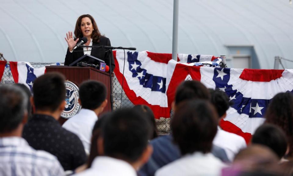 Senator Kamala Harris speaks at a swearing-in ceremony for children becoming new US citizens.