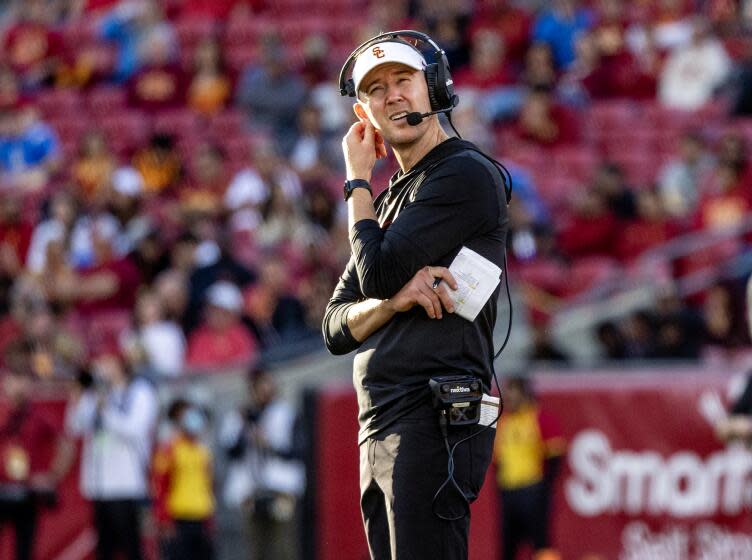 LOS ANGELES, CA - NOVEMBER 18, 2023: USC Trojans head coach Lincoln Riley looks.