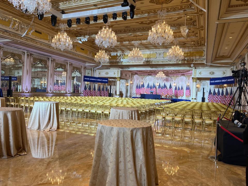 An empty, gold ballroom