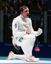 <p>Guilherme Toldo of Brazil celebrates defeating Yuki Ota of Japan during Men’s Individual Foil qualification on Day 2 of the Rio 2016 Olympic Games at Carioca Arena 3 on August 7, 2016 in Rio de Janeiro, Brazil. (Photo by Alex Livesey/Getty Images) </p>