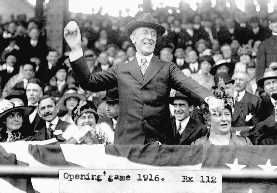 This photograph shows President Woodrow Wilson throwing the first pitch at the opening game of the baseball season on April 20, 1916. President Wilson threw out the first ball for the Washington Senators’ opening day games on both April 14, 1915, and April 20, 1916. In each match, the Washington Senators defeated the New York Yankees. The president attended both games with Edith Bolling Galt, who he married in December of 1915.