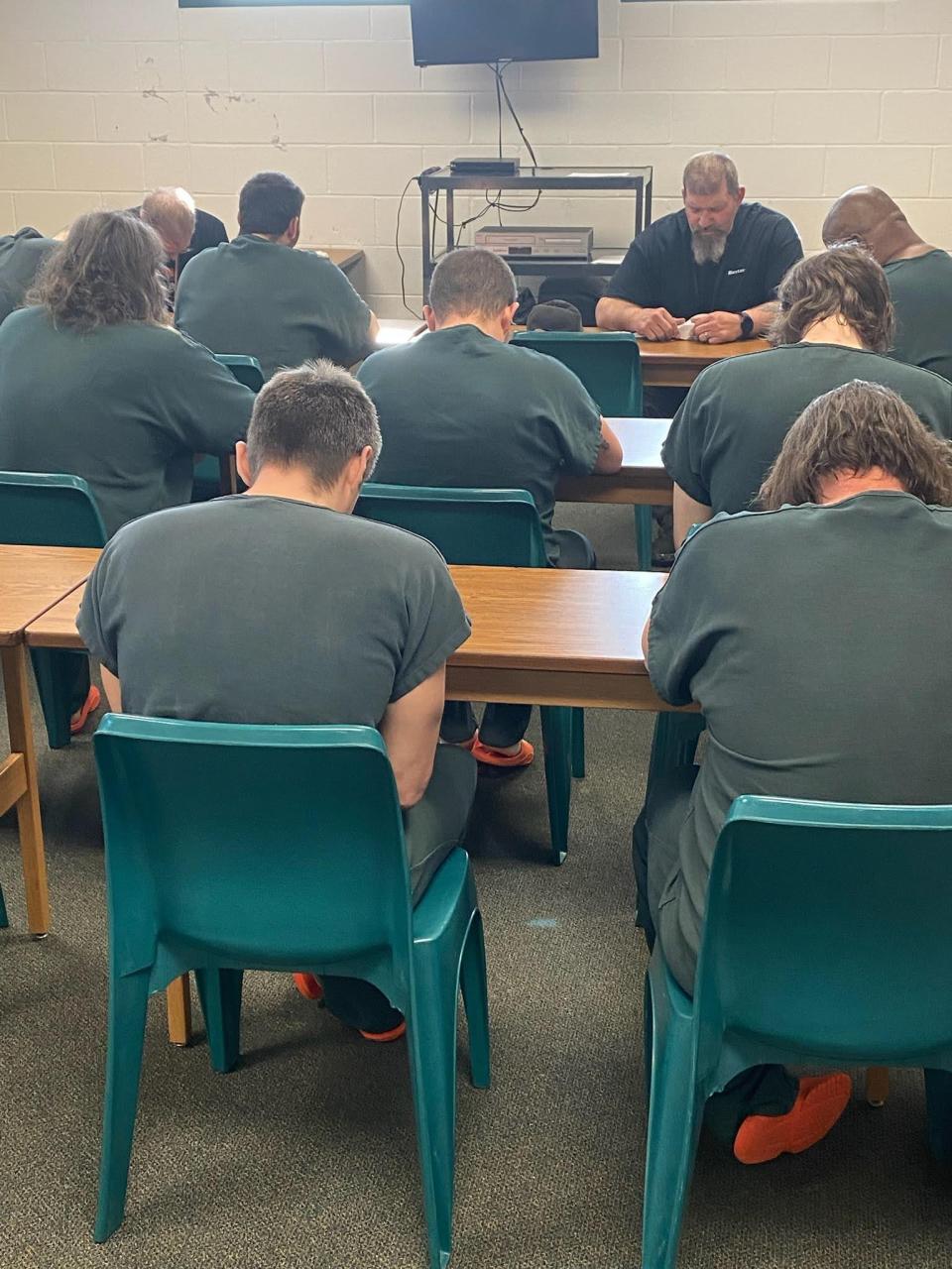 Inmates take part in Bible study at the Licking County Justice Center.