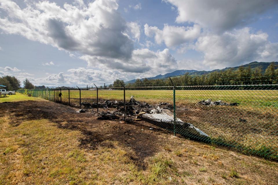 In this June 22, 2019 file photo, the charred remains of a skydiving plane that crash on Oahu's North Shore are shown near Waialua, Hawaii. The skydiving company that was operating a plane that crashed and killed 11 people last month did not have the proper state permits to take people skydiving.