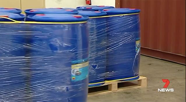 When Border Force busted the container open, they found 120 barrels of car washing shampoo. The deadly party drug was hidden inside 10. Source: 7 News