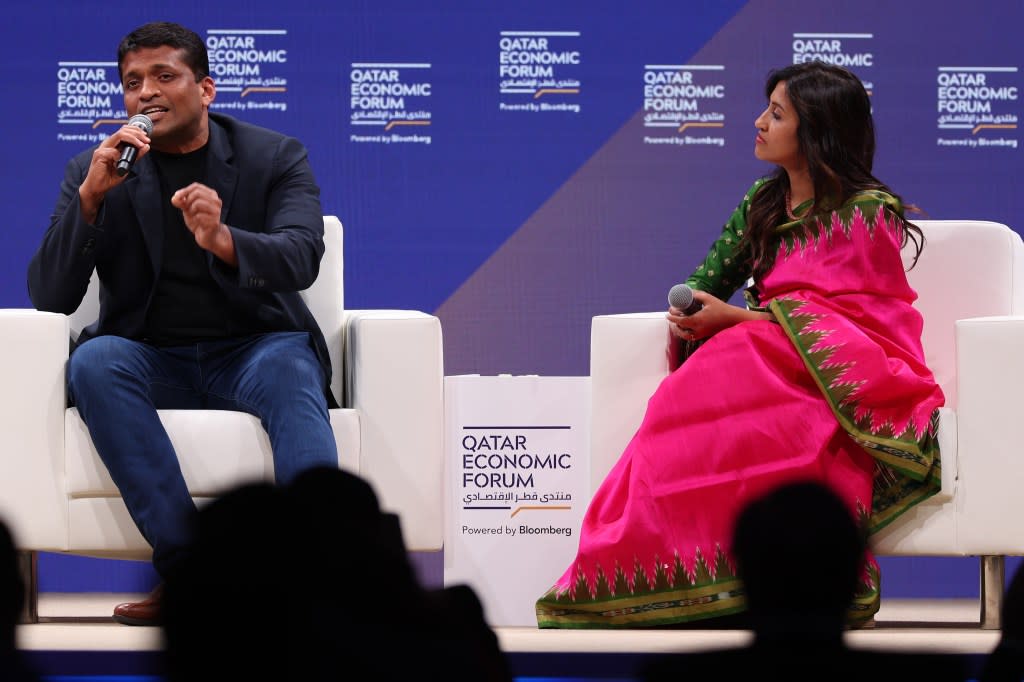 Byju Raveendran and wife Divya Gokulnath speak during the Qatar Economic Forum in Doha, Qatar, on May 24, 2023. The third Qatar Economic Forum will shine a light on the rising south-to-south economy and the new growth opportunities it presents to the global business community. Photographer: Christopher Pike/Bloomberg via Getty Images