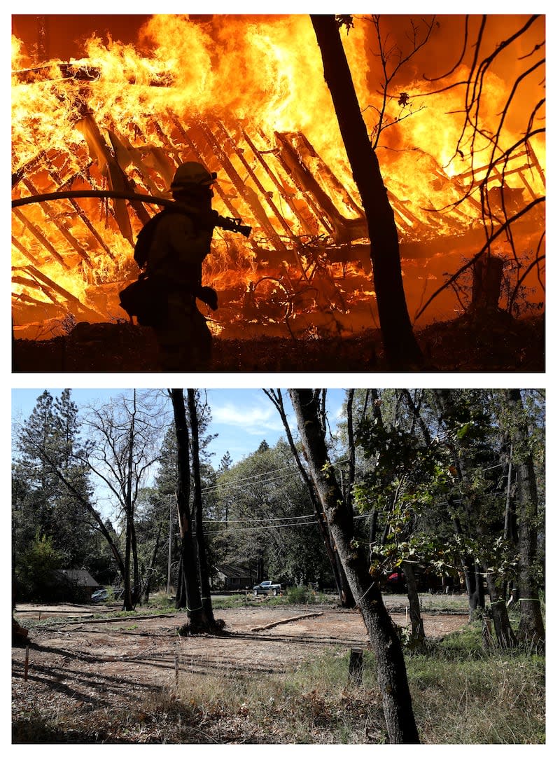 Top: Even the toniest neighborhoods of San Francisco have seen a rash of shuttered retail and boarded up storefronts in recent years. Bottom: The camp fire in paradise claimed 85 lives and reaped at least $16.5 billion in damage. Today, only 20 percent of the town's pre-fire population of 26,000 call paradise home.