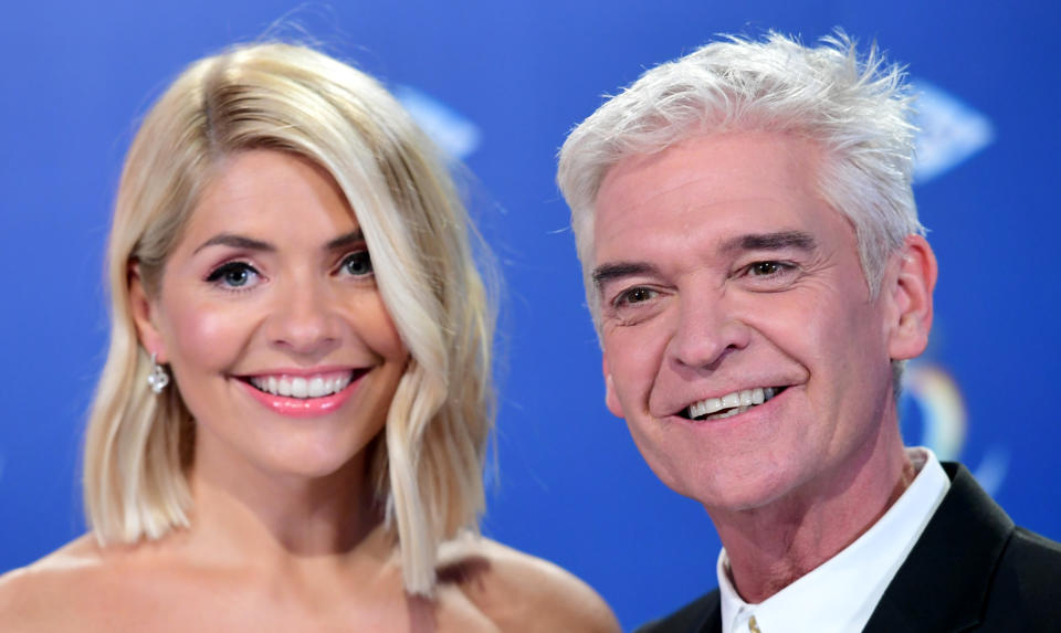 Holly Willoughby (left) and Phillip Schofield attending the launch of Dancing On Ice 2020, held at Bovingdon Airfield, Hertfordshire. (Photo by Ian West/PA Images via Getty Images)