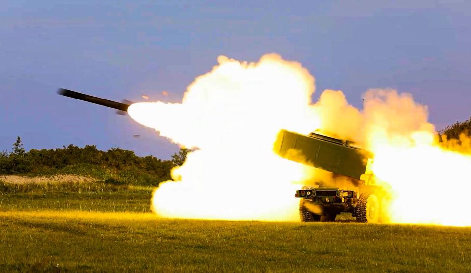 Two Reduced-Range Practice Rockets (RRPR), fired from an M142 High Mobility Artillery Rocket System (HIMARS), fly over the Baltic Sea during a Latvian-led combined military exercise in Liepāja, Latvia, Sept. 27, 2022.