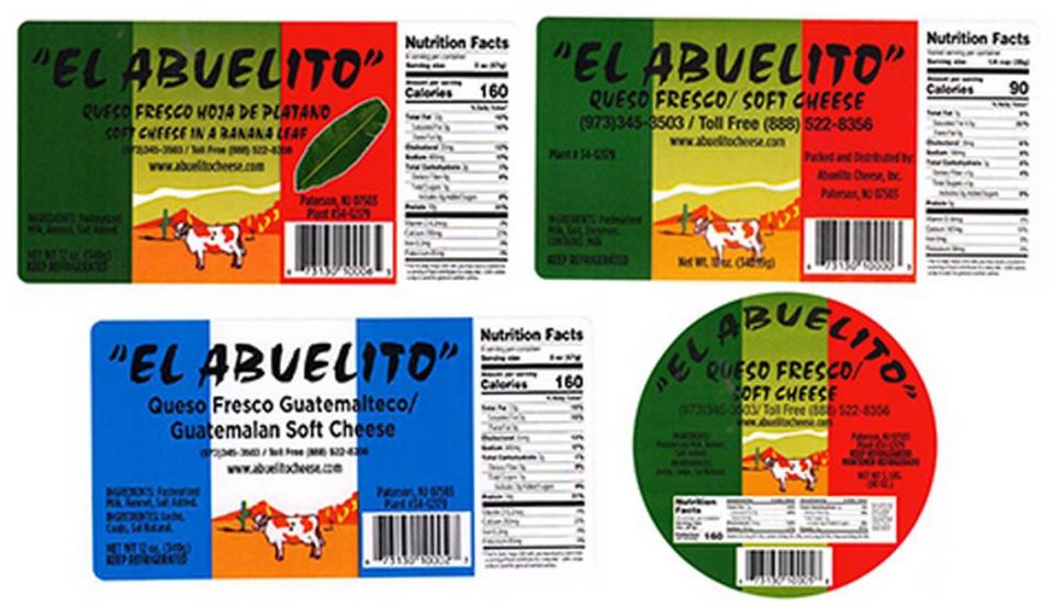 The product labels for recalled El Abuelito Queso Fresco Regular, Queso Fresco Promoción, Queso Fresco con Hoja and Queso Fresco Guatemalteco.