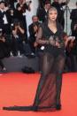 <p>The actor wore a sheer black hooded dress by New York brand Interior.</p>
