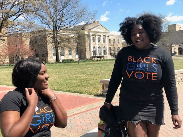 Kayla Jackson (left) and Jada Grant (right), both freshman at Morgan State University, describe efforts April 10, 2019 of  Black Girls Vote to register students to vote.