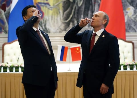 Putin regularly opens his drinks cabinet to visiting leaders - Credit: GETTY