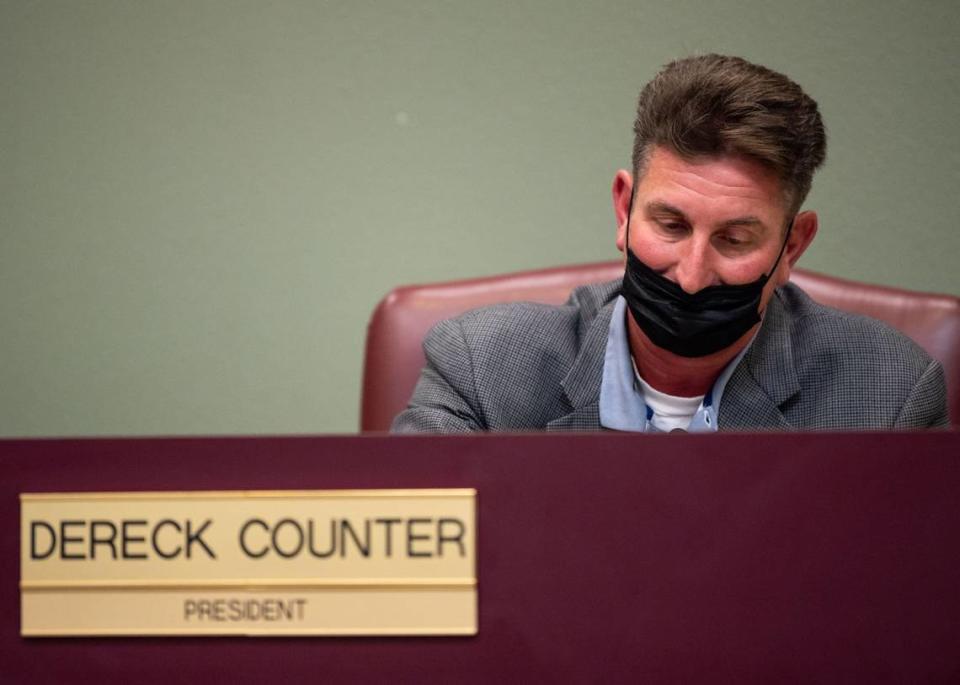 Dereck Counter, a trustee of the Rocklin Unified School District Board of Education, attends a meeting in 2021.