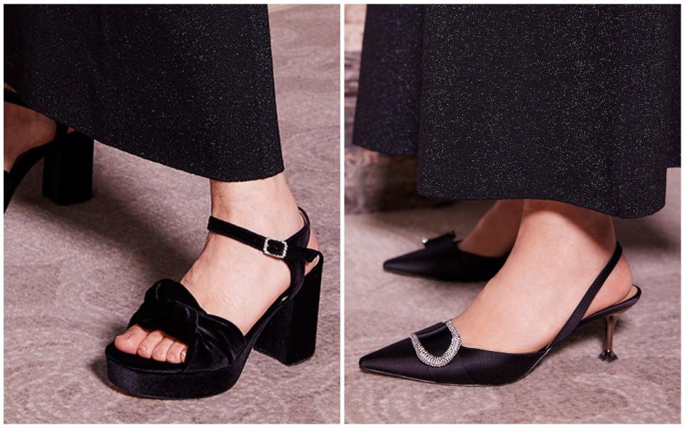 Left: Velvet sandals, £245, Russell & Bromley Right: Black embellished slingbacks, £99, Charles & Keith - Sarah Brick with thanks to the Booking Office 1869 bar at the Renaissance Hotel, St Pancras