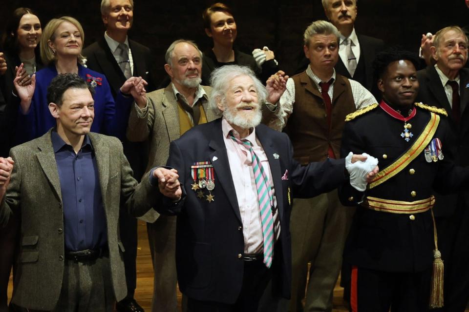 Sir Ian and castmates at curtain call for the press night performance of ‘Player Kings’ in April (Getty)