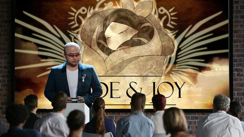 A modified photo shows Hideki Kamiya presenting an image of baby Bayonetta in a boardroom full of people. 