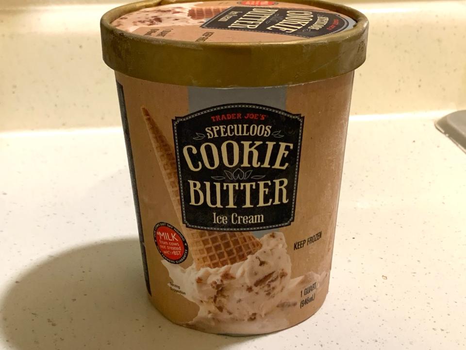 Brown carton of Trader Joe's cookie butter ice cream