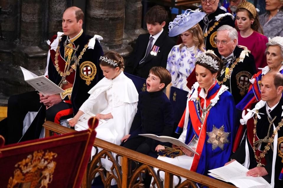 Britain's Prince William, Prince of Wales, Princess Charlotte, Prince Louis, and Britain's Catherine, Princess of Wales, attend the Coronation of King Charles III and Queen Camilla at Westminster Abbey in London on May 6.<span class="copyright">Yui Mok—WPA Pool/Getty Images</span>
