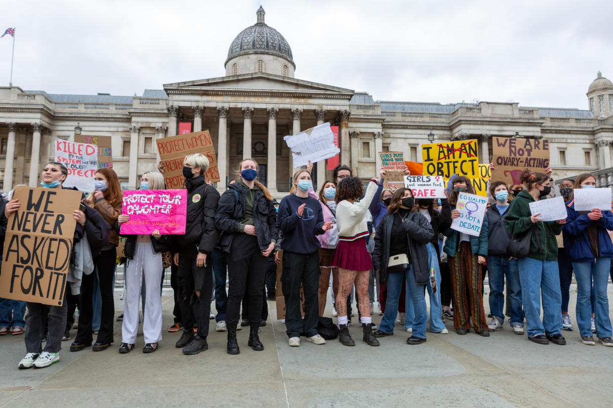 LONDON, UNITED KINGDOM - 2021/04/03: Protesters seen at Trafalgar Square holding placards expressing their opinion, during the demonstration.
A Month after kidnap and murder of 33-year-old Sarah Everard, women's rights protesters marched in central London chanting slogans and protested what they said had been a lack of action by government and police services. Sarah Everard disappeared on March 3rd and her body was found on March 12th. (Photo by Pietro Recchia/SOPA Images/LightRocket via Getty Images)