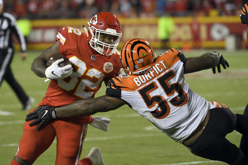 Vontaze Burfict could be in trouble with the league yet again after making an ankle tackle on Spencer Ware. (AP Photo/Reed Hoffmann)