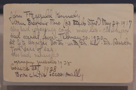 A note, handwritten by Rose Kennedy, mother of former U.S. President John F. Kennedy, about her son's health is displayed in the exhibit "JFK 100," marking the 100th anniversary of Kennedy's birth May 29, at the John F. Kennedy Presidential Library in Boston, Massachusetts, U.S., May 19, 2017. REUTERS/Brian Snyder