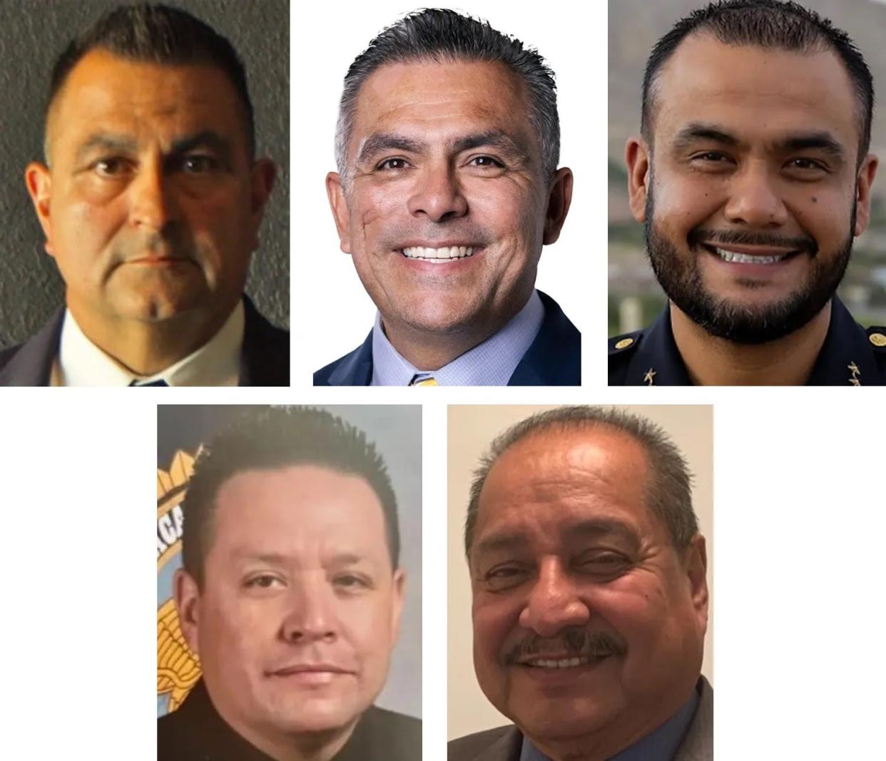 The Democratic candidates for El Paso County sheriff in the March 2024 primary are, from left, Robert "Bobby" Flores, Ryan Urrutia, Oscar Ugarte, Michael Gonzales and Raul Mendiola.