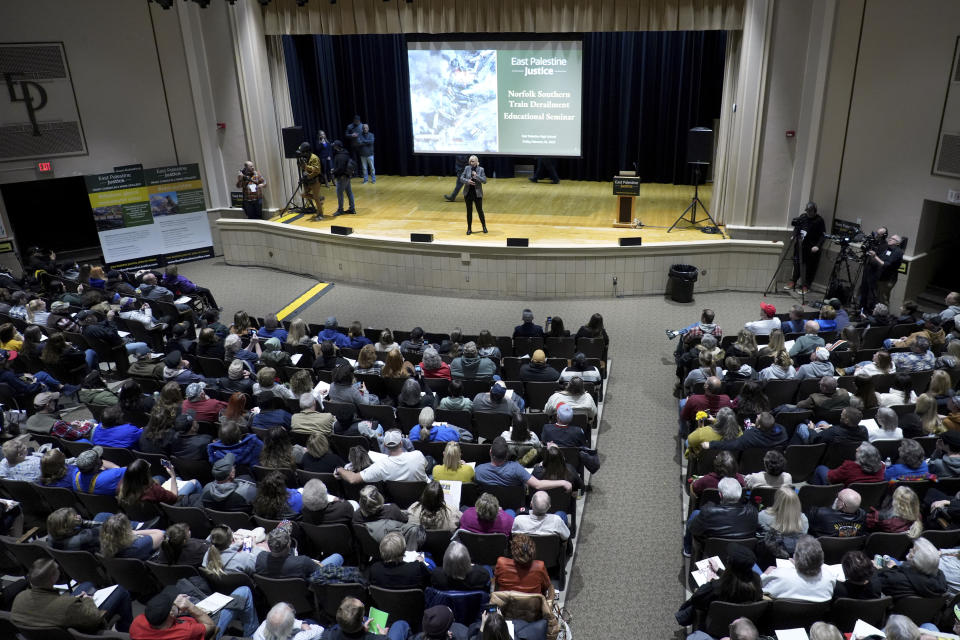 Activist Erin Brockovich speaks during a town hall meeting at East Palestine High School, Friday, Feb. 24, 2023, concerning the Feb. 3 Norfolk Southern freight train derailment in East Palestine, Ohio. (AP Photo/Matt Freed)