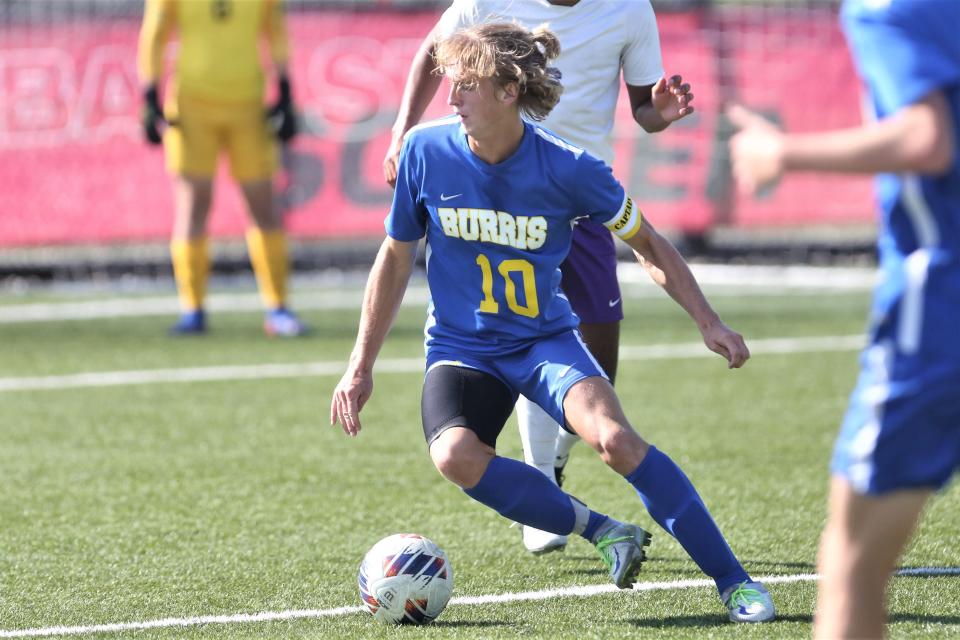 Muncie Burris boys soccer's Bryce Karnes in his team's game against Muncie Central at Briner Sports Complex on Wednesday, Aug. 31, 2022.