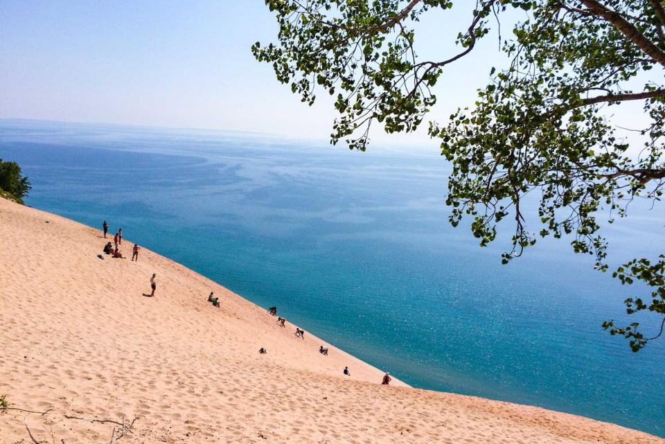 Aerial view of dunes and lake