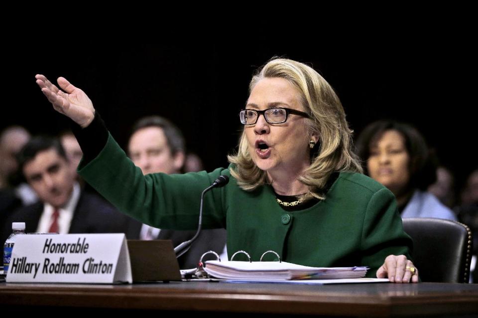 FILE - This Jan. 23, 2013, file photo shows Secretary of State Hillary Rodham as she testifies on Capitol Hill in Washington before the Senate Foreign Relations Committee hearing on the deadly attack on the U.S. diplomatic mission in Benghazi, Libya. The testimony of nine military officers severely undermines claims by Republican lawmakers that a “stand-down order” held back military assets who could have saved the U.S. ambassador and three other Americans killed in the attack. (AP Photo/Pablo Martinez Monsivais, File)