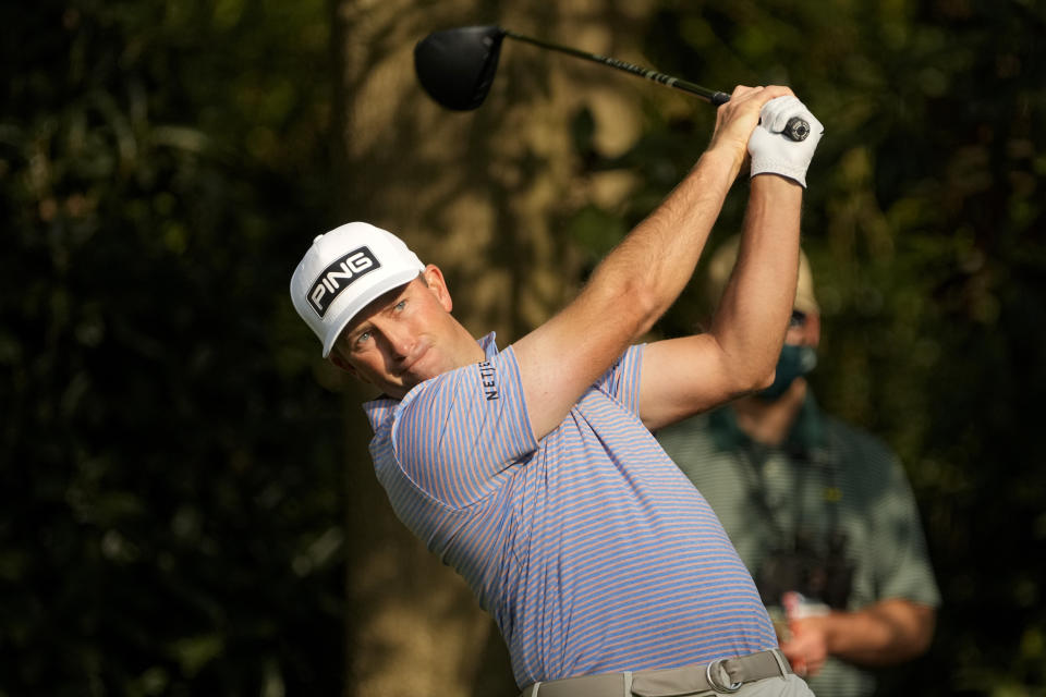 Michael Thompson watches his tee shot on the seventh hole during the first round of the Masters golf tournament on Thursday, April 8, 2021, in Augusta, Ga. (AP Photo/David J. Phillip)