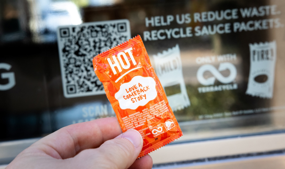 During September, you can recycle used Taco Bell sauce packets – and any other restaurant's used sauce packets – and earn 80 bonus Rewards points through the the restaurant's TerraCycle recycling program.