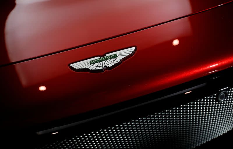 A company logo is seen on the new Aston Martin Vantage car at a media event in Gaydon, Britain