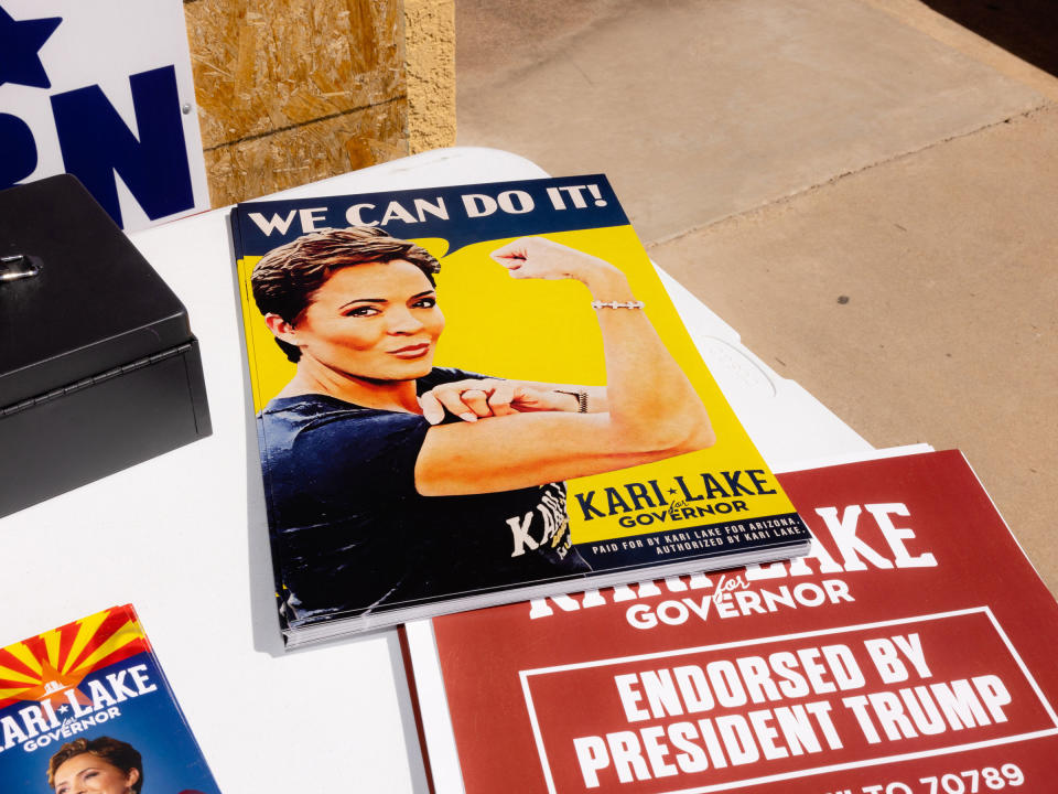 Campaign materials for Kari Lake at an event in Sierra Vista, Ariz., March 31, 2022.<span class="copyright">Cassidy Araiza—The New York Times/Redux</span>