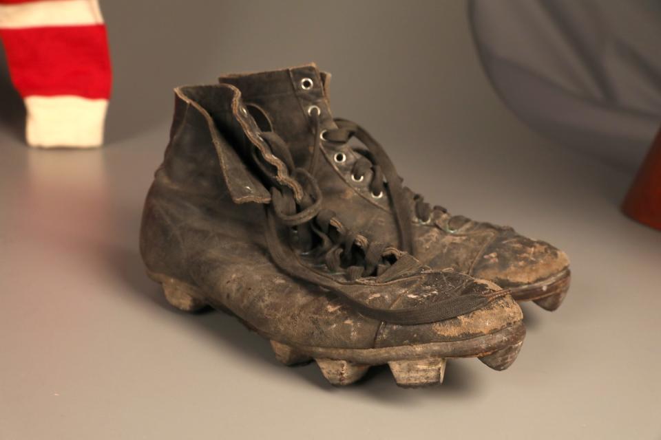 Artifacts from the Rochester Jeffersons football team, including these vintage cleats, that once were on display at the Strong Museum of Play.