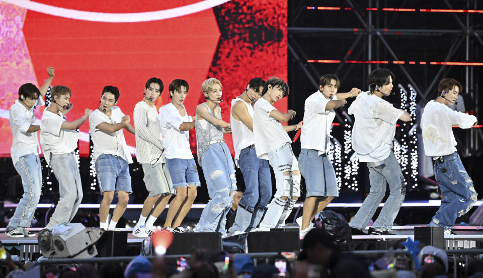 K-pop group The Boyz performs during a K-Pop concert after the closing ceremony of the World Scout Jamboree at the World Cup Stadium in Seoul, South Korea, Friday, Aug. 11, 2023. Flights and trains resumed and power was mostly restored Friday after a tropical storm blew through South Korea, which was preparing a pop concert for 40,000 Scouts whose global Jamboree was disrupted by the weather. (Korea Pool via AP)