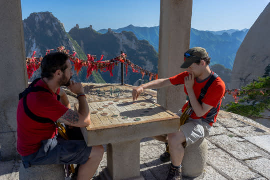 Mt Huashan China, Steep steps to the mountain top. Carved t…