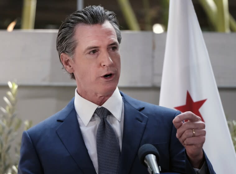 FILE - California Governor Gavin Newsom answers questions at a news conference in Los Angeles, on June 9, 2022. As President Joe Biden runs up against the limits of what he can do on abortion, gun control and other issues without larger Democratic majorities in Congress, some in his party want more fire and boldness than the president's acknowledgement of their frustration and calls imploring people to vote in November. (AP Photo/Richard Vogel, File)