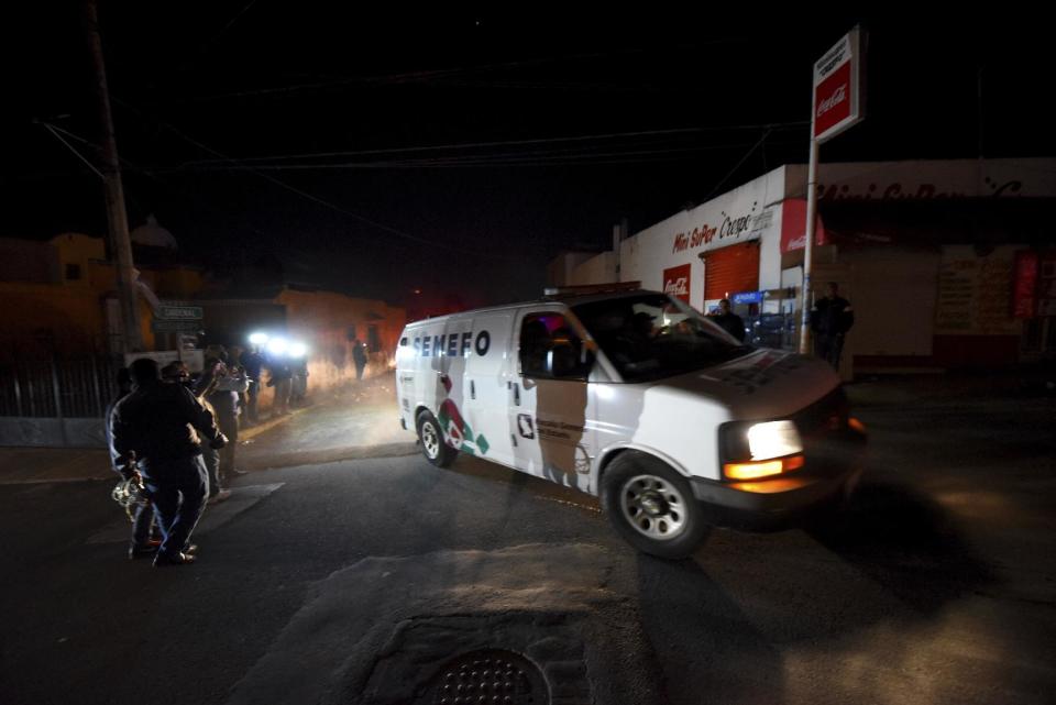 A vehicle of Mexico's Medical Forensic Service leaves the scene after a gun battle with Mexican Marines in which a suspect identified by authorities as the leader of the Beltran Leyva cartel, Juan Francisco Patron Sanchez and several accomplices died in the exchange, in Tepic, Nayarit state, Mexico, Friday, Feb. 10, 2017. The Interior Department said that Juan Francisco Patron Sanchez headed up the cartel's operations in the state of Nayarit and in the southern part of Jalisco state. (AP Photo/Chris Arias)