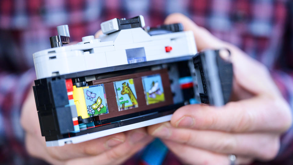 Close up of inside the film door of the completed Lego Retro camera in the hand