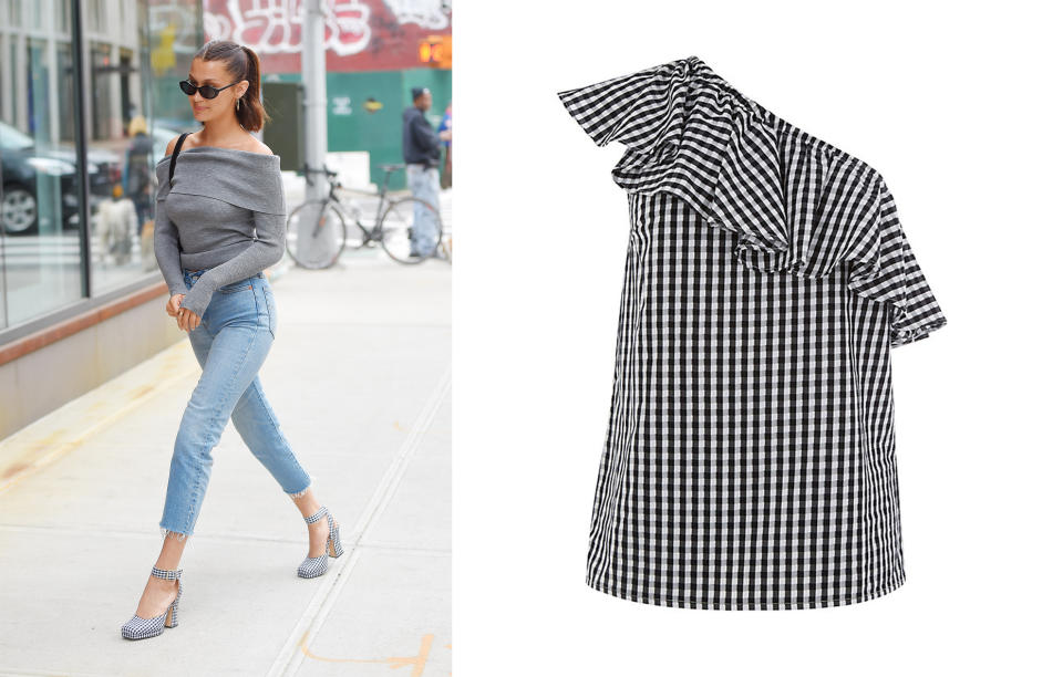 <p>Bella Hadid also became the unwitting poster girl for the <a rel="nofollow noopener" href="https://www.johnlewis.com/warehouse-gingham-one-shoulder-top-black-white/p3183987#media-overlay_show" target="_blank" data-ylk="slk:gingham;elm:context_link;itc:0;sec:content-canvas" class="link ">gingham</a> trend this summer, sporting a pair of shorts in April and clunky Zara platforms in May.<br><i>[Photo: Getty/John Lewis]</i> </p>